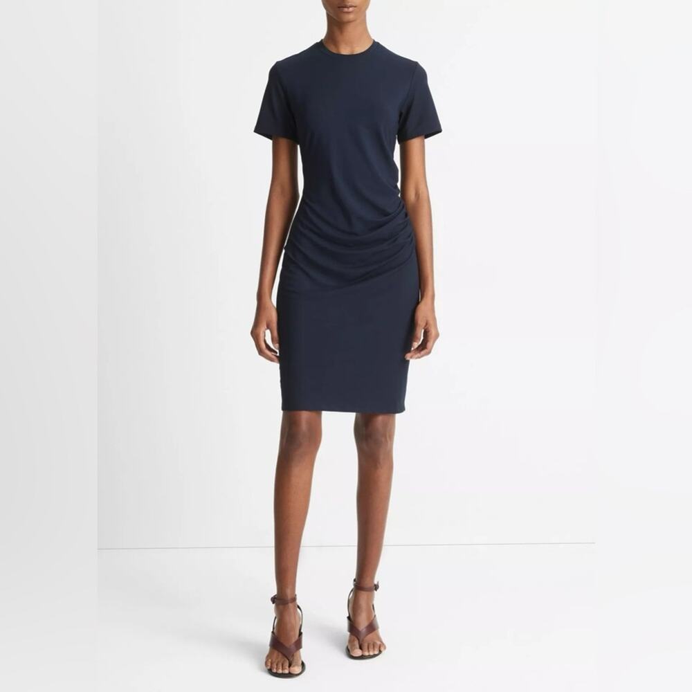 Vince Jersey Ruched Tee Shirt Dress Navy Blue Medium